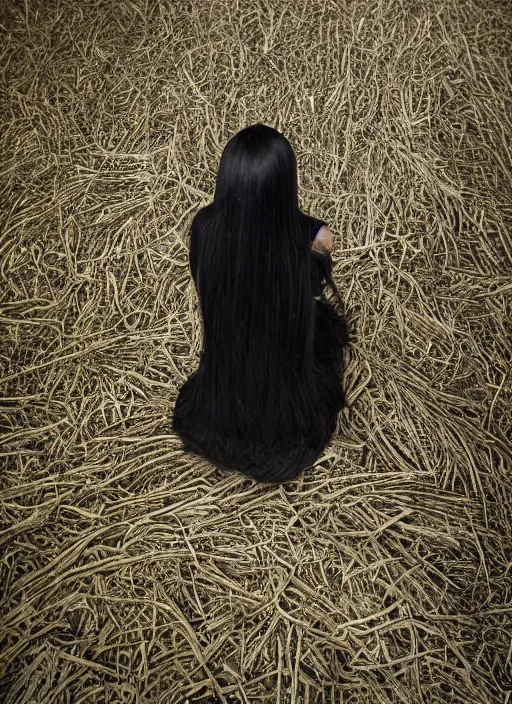 Image similar to a 1 4 year old girl with straight long black hair wearing black dress that sitting on bathroom floor, photo by patrick dougherty