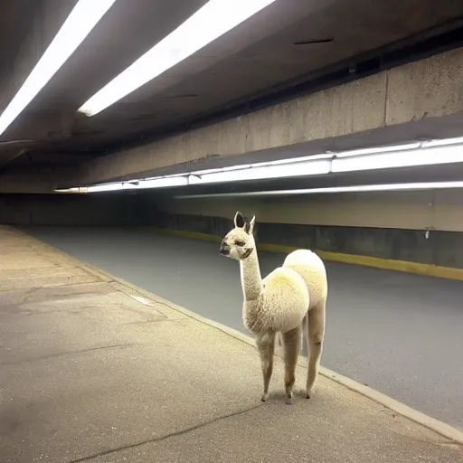 Prompt: security camera footage of an alpaca in a parking garage