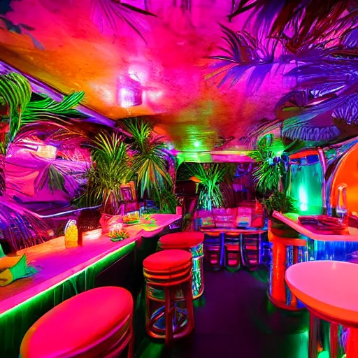 Prompt: architectural digest photo, inside dark and moody crowded futuristic neon tiki bar inside a yacht, tropical plants, blue lighting with small pastel orange and pink accent lights, crowd of cool people dancing