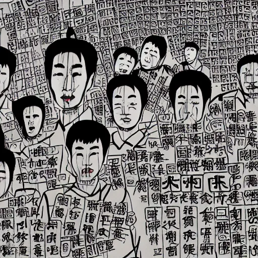 Prompt: chinese men in a prison, heart kidney lungs, in the style of daniel johnston and outsider art, 4k, line brush, overlaid with chinese adverts and mandarin text