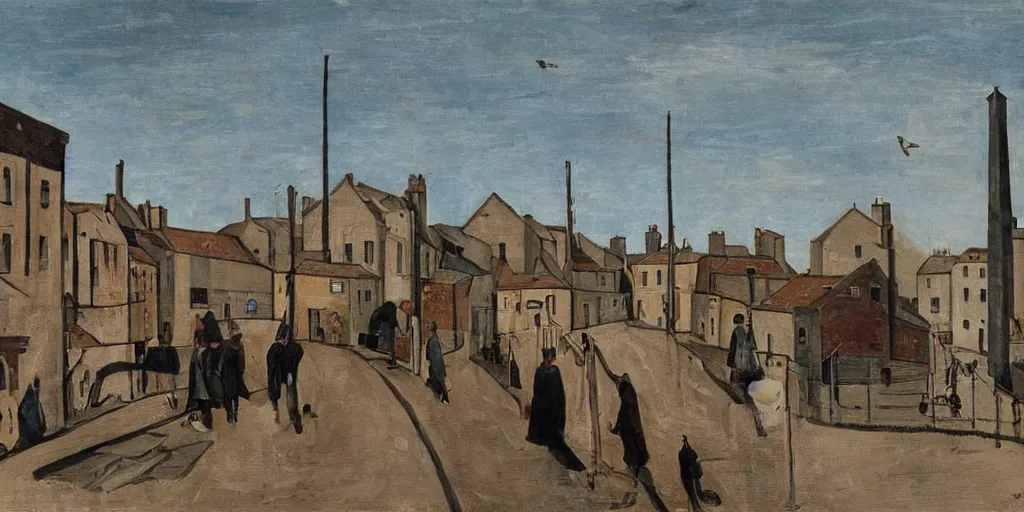 Image similar to a painting of street life in kirkwall, orkney, people,houses, by Giorgio de Chirico