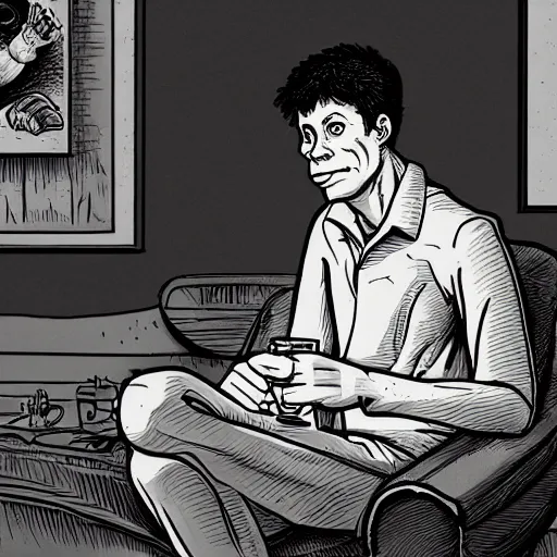 Prompt: A very sad Jon Arbuckle in real life in a comic book style sitting in his living room at home while holding a beer and being depressed, extremely depressed while watching TV, very nostalgic, very melancholic, dramatic angle, rotoscoped, rotoscope, photoshop, photomanipulation, realism, painting, illustration and sketch, weird scribbles, hybrid styles, hybrid art styles, mismatched, trending on artstation, trending on deviantart, weird, quirky, interesting, very detailed, highly detailed, HD Quality, 4k resolution, 8k resolution, in the style of David Firth, in the style of James Lee, in the style of Drue Langlois,