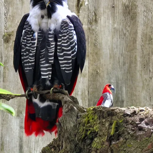 Image similar to Harpy eagle and red cardinal hybrid, real photo from zoo,