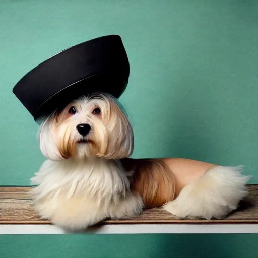 Prompt: a cream - colored havanese dog sitting on top of a wooden bench, wearing a large black sunhat, corset, and furry boots, legs spread, an album cover by david lachapelle, behance, transgressive art, 1 9 9 0 s, made of feathers, full body