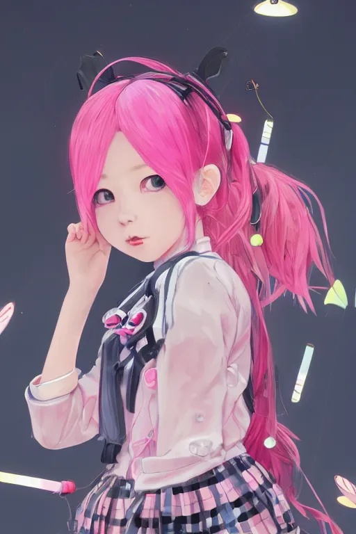 Image similar to lovely japanese girl, pink hair covered with hairpins, big eyes, yellow lolita jacket, huge schoolbag, pink shorts, inflatable sandals. future technology,, fantasy art by saruei and guweiz and ilya kuvshinov, sleek curves, intricate sharp focus, trending on artstation hq, deviantart, pinterest, unreal engine 5, 4 k uhd image