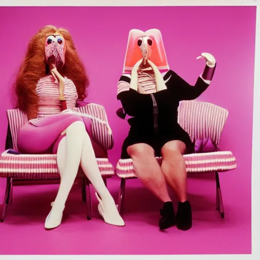 Image similar to 1982 twin women on tv talk show wearing an inflatable long prosthetic snout nose made of gooey pink slime, soft color wearing stripes sitting on vinyl chairs, pink slime everywhere, studio lighting 1982 color film archival footage 16mm John Waters Russ Meyer Almodovar Doris Wishman