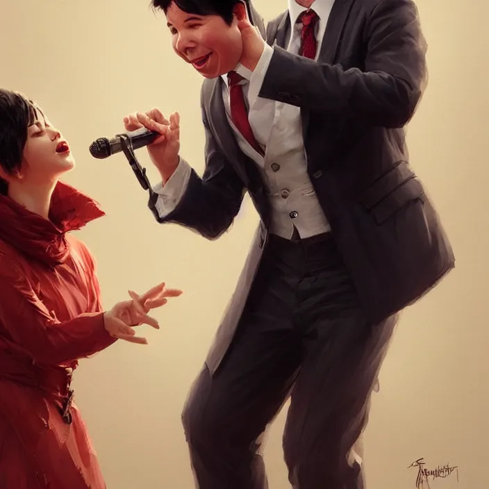 Image similar to michael mcintyre flirting with a singing waitressa, elegant, real life skin, intricate artwork, high detailed, artstation, concept art, smooth, sharp focus, art by artgerm and greg rutkowski