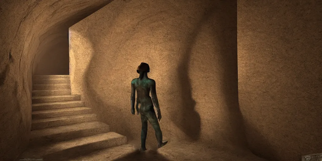 Image similar to A Egyptian Archeologist walking down a staircase into a dark Ancient decorated Egyptian Sandstone tomb, retrofuturism, texture, volumetric lighting, high details,