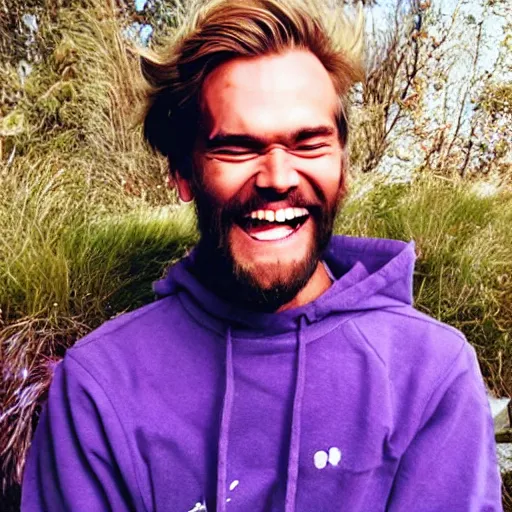 Image similar to PewDiePie laughing without any teeth, wild hair