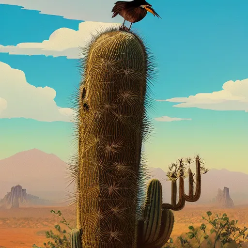 Prompt: ADodo bird perched atop a Saguaro cactus in the desert, digital art, trending on Artstation, high detail, sharp focus, illustration, art by artgerm and greg rutkowski and alphonse mucha.