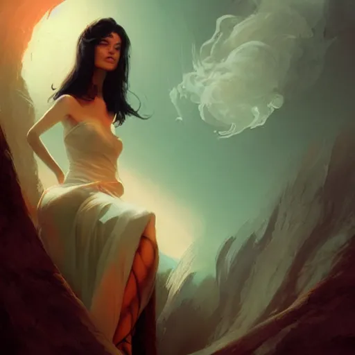 Image similar to Elegant woman with black hair, smoke around her, high detail, concept art background by john harris + andreas rocha, artwork by charlie bowater + artgerm + anato finnstark + ross tran