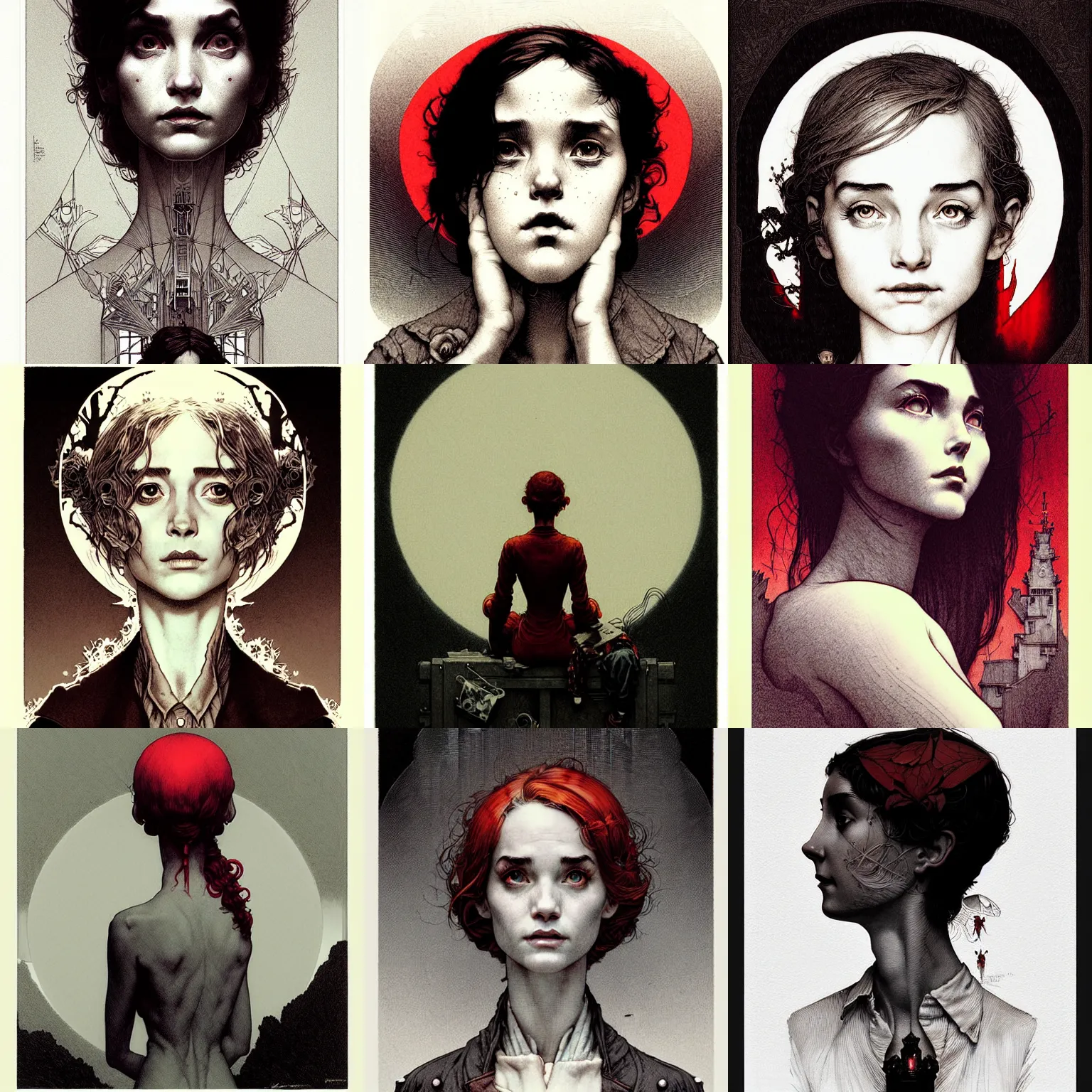 Prompt: portrait top light, by killian eng and joe fenton, norman rockwell, bouguereau and martin deschambault and conrad roset, inspired by city of lost children, red and grey only, etching, fine, sharp high detail,