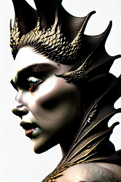 Prompt: bw contrasted close - up profile face, black background, daenerys targaryen - dragon - cyborg - female, 1 5 0 mm, beautiful natural soft rim light, silver gold details, magnolia leaves and stems, roots, mandelbot fractal, elegant, ultra detailed, white metallic armour, octane render, h. r. giger style