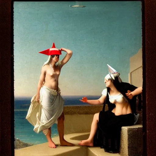 Image similar to A girl with jester hat and clothes on a greek circle archi on the front of a Balustrade with a beach and a sail boat on the background at night, major arcana cards, by paul delaroche and arnold böcklin hyperrealistic 8k, very detailed