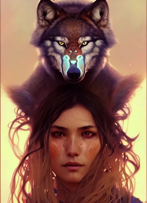 Image similar to portrait of shaman beautiful girl, intrigante, wolf mask, headshot, highly detailed, digital painting, artstation, concept art, sharp focus, cinematic lighting, illustration, art by artgerm and greg rutkowski, alphonse mucha, cgsociety