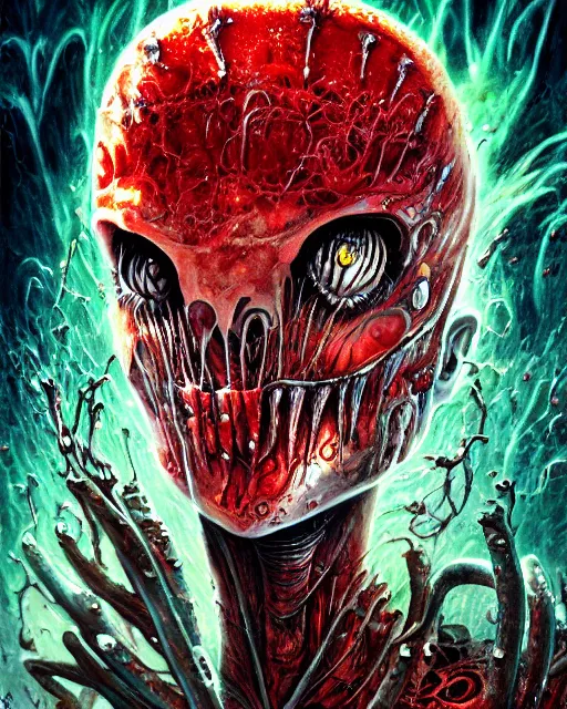 Image similar to bloody fleshmetal hamburger, by antonio j. manzanedo, giger, alex grey, android jones, wayne barlowe, philippe druillet, raymond swanland, cyril rolando, josephine wall, harumi hironaka, trending on artstation