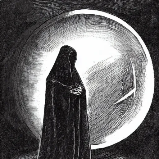 Image similar to a mysterious hooded man with face shrouded in darkness standing before the ruin of an enormous armillary sphere, dark and forboding, concept art