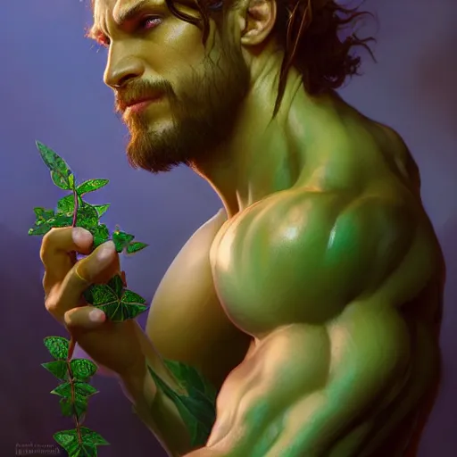 Image similar to A studio portrait of a photorealistic male muscular poison ivy wide angle, deep focus, D&D, fantasy, intricate, elegant, highly detailed, digital painting, artstation, concept art, matte, sharp focus, illustration, hearthstone, art by Artgerm and Greg Rutkowski and Alphonse Mucha