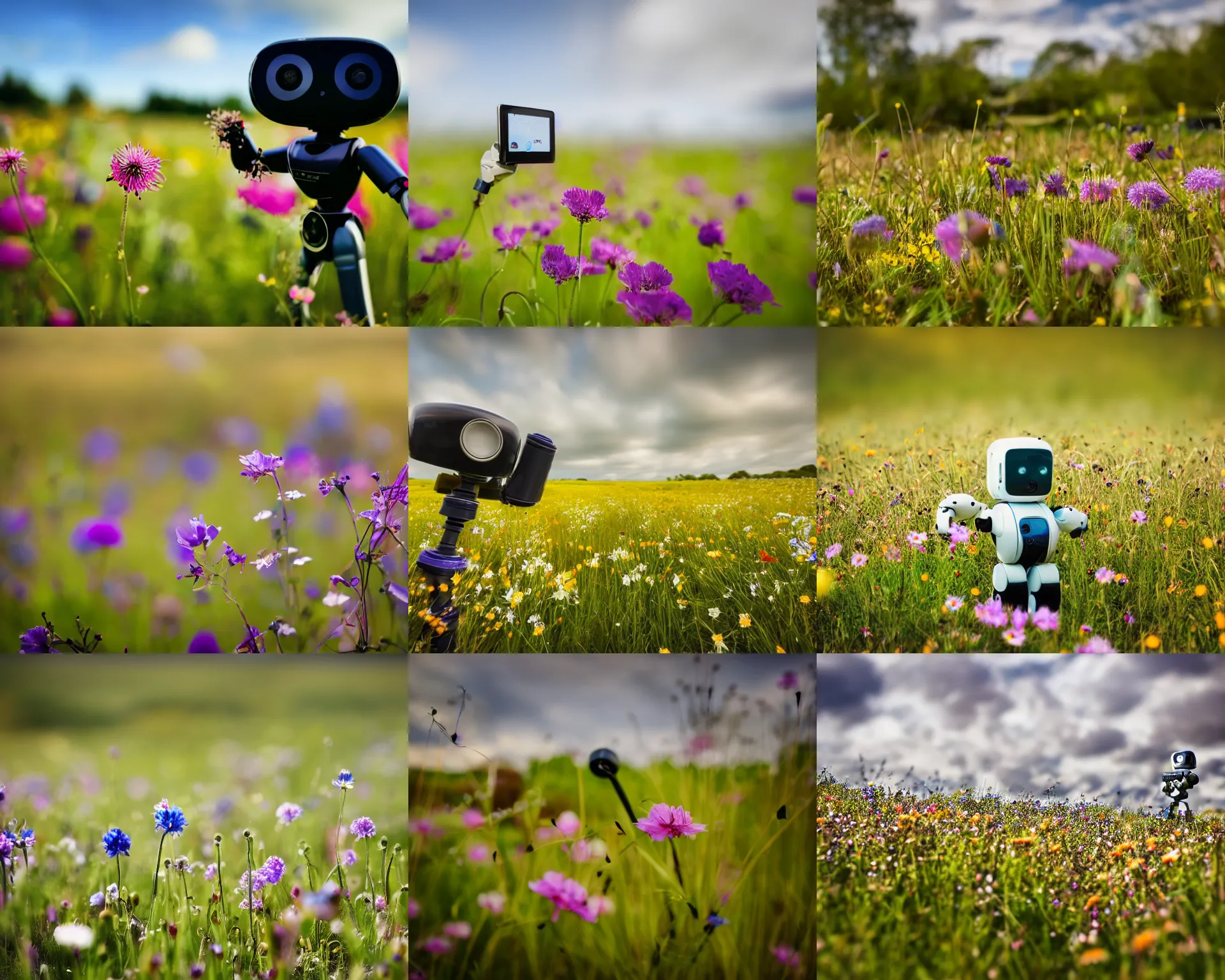 Prompt: a landscape photo of a field of wild flowers being enjoyed by an up close robot, lpoty, award winning, bokeh, soft focus, photography