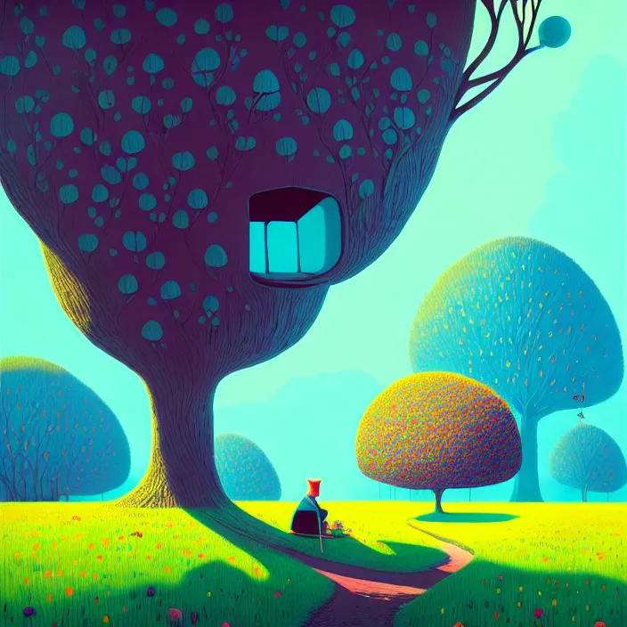 Image similar to ( ( ( gediminas pranckevicius ) ) ), under bo tree, summer morning, very coherent and colorful high contrast art by james gilleard floralpunk screen printing woodblock, dark shadows, pastel color, hard lighting