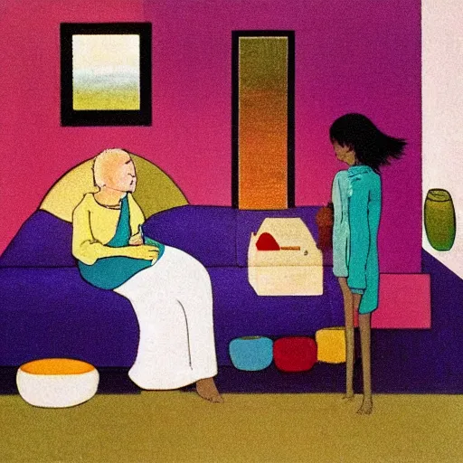 Image similar to A beautiful installation art harmony of colors, simple but powerful composition. A scene of peaceful domesticity, with a mother and child in the center, surrounded by a few simple objects. Colors are muted and calming, serenity and calm. stuckism, rendered in octane by Rumiko Takahashi, by Charles Robinson