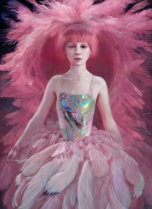 Image similar to beautiful little girl with an pink eccentric haircut wearing an dress made of feathers dancing on stage, artwork made by ilya kuvshinov, inspired in donato giancola, hd, ultra realistic, reflection, flowers, light, realistic face, bird