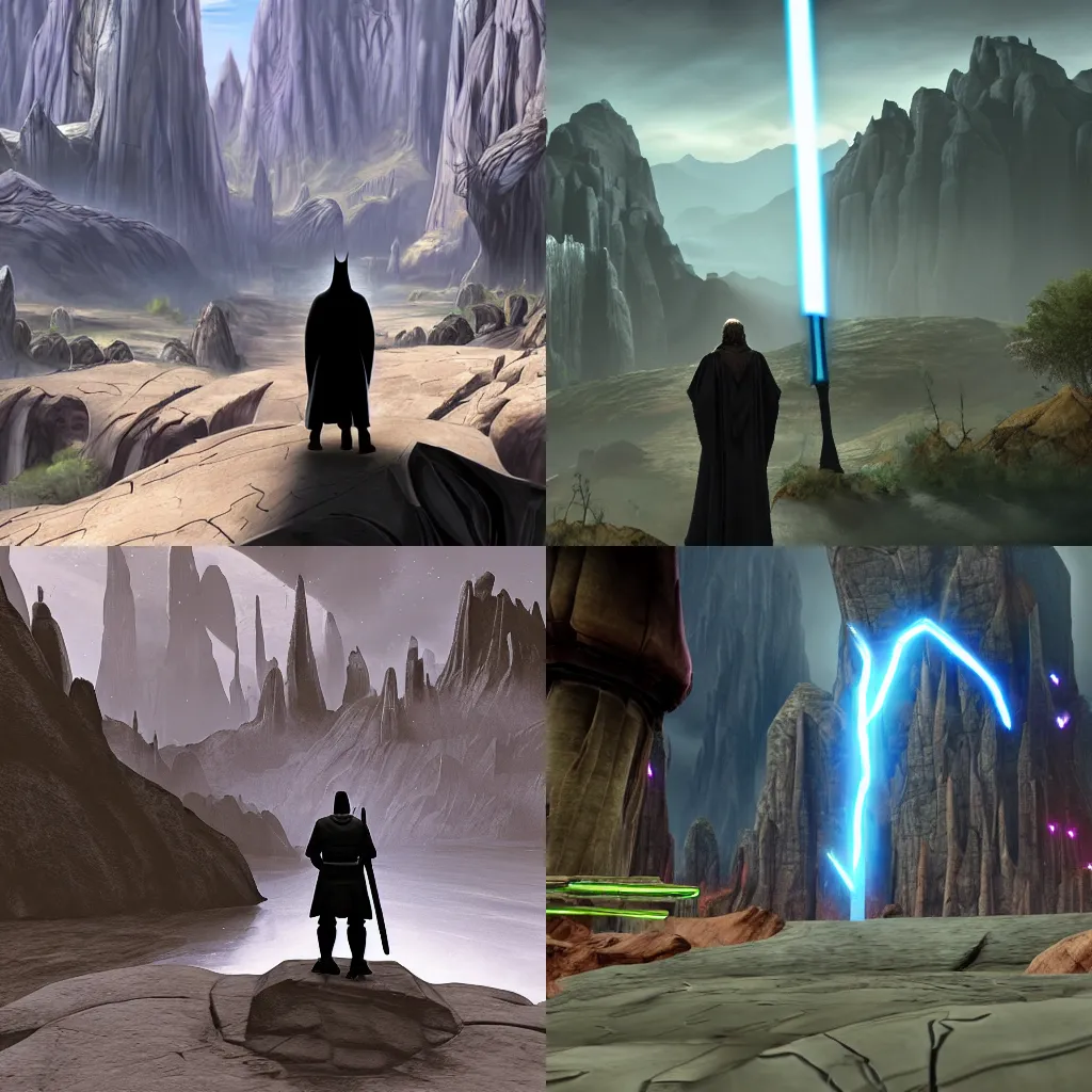 Prompt: a lone jedi exploring the Valley of the Dark Lords of the Sith on Korriban