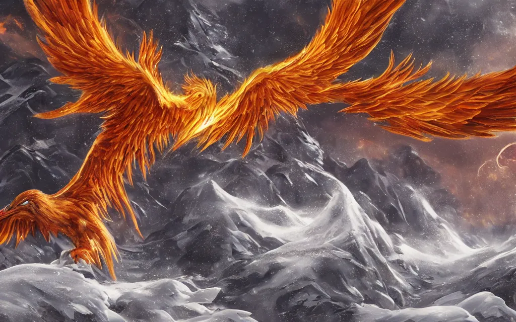 Image similar to game cg painting of a phoenix, a phoenix in a mountain range of ice and snow in nirvana