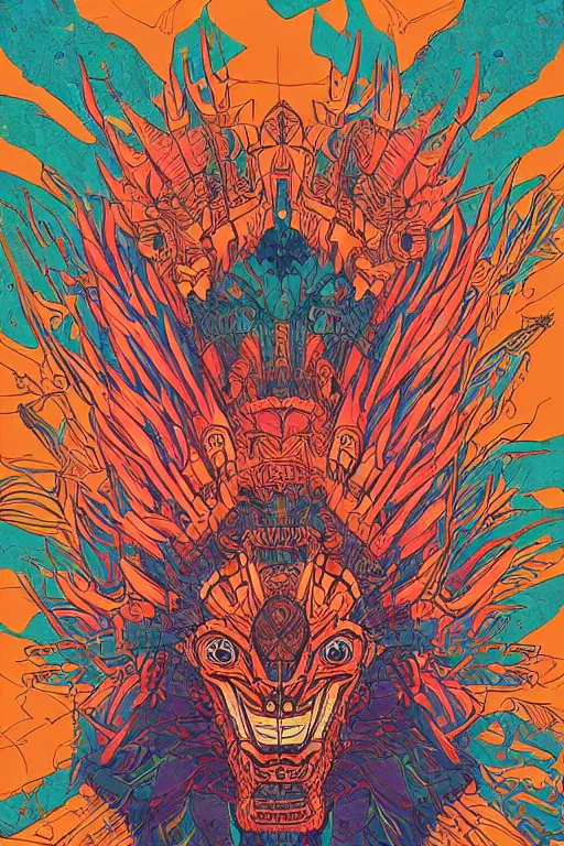 Image similar to totem animal tribal chaman vodoo mask feather gemstone plant video game illustration vivid color borderlands and by feng zhu and loish and laurie greasley, victo ngai, andreas rocha, john harris radiating a glowing aura