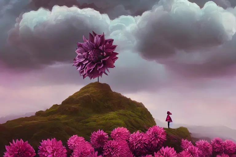 Prompt: giant dahlia flower crown as head girl walking on mountain, surreal photography, pink storm clouds, dramatic light, impressionist painting, digital painting, artstation, simon stalenhag