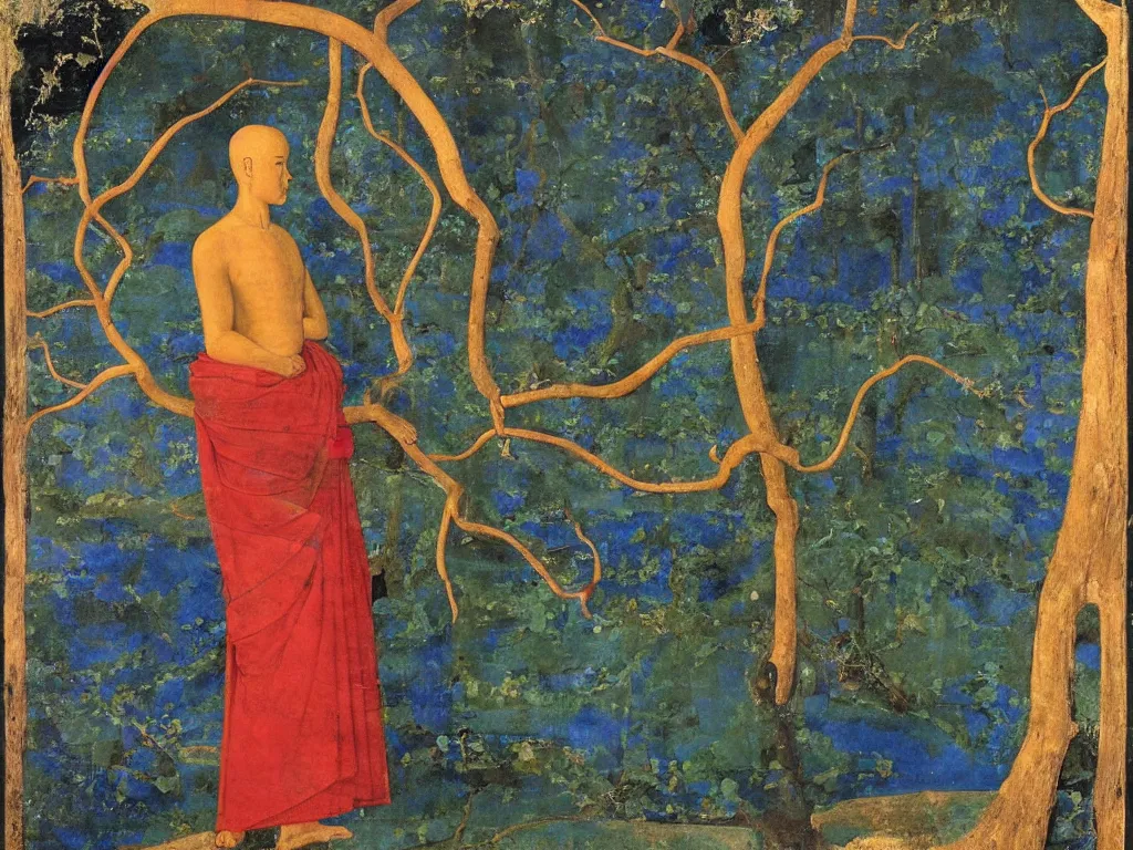 Image similar to portrait of a buddhist deity with cave, dried tree. lapis lazuli, malachite, cinnabar, gold. painting by piero della francesca, balthus, agnes pelton