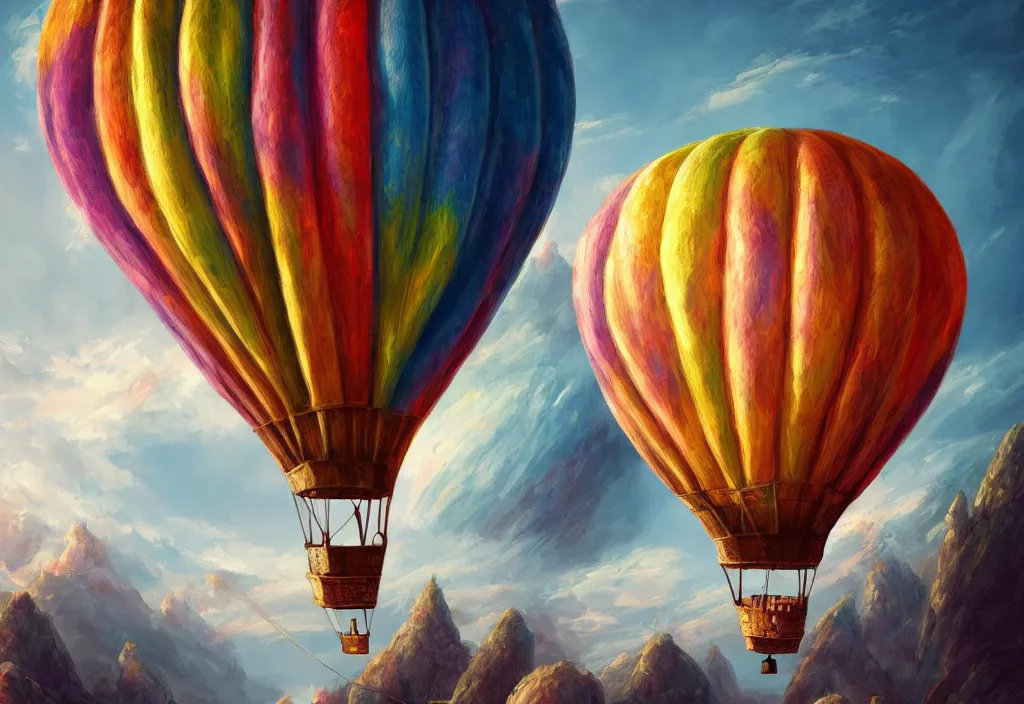 Prompt: old colorful air balloon, epic fantasy, detailed, intricate, digital painting, concept art, realistic, smooth, focus, rim light