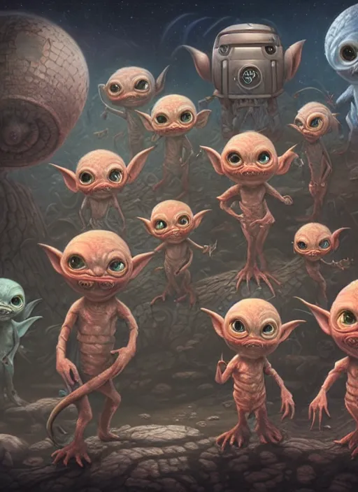 Prompt: highly detailed wide - angle group portrait of cute extraterrestrial goblins in their favorite moonbase, unreal engine, nicoletta ceccoli, mark ryden, earl norem, lostfish, global illumination, detailed and intricate environment