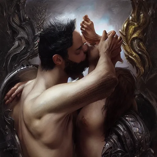 Image similar to “Super model Venus kissing hephaestus, dark, intricate, fantasy, intricate, elegant, highly detailed, digital painting, artstation, concept art, matte, sharp focus ,highly detailed, smooth, artstation, digital illustration by Ruan Jia and Mandy Jurgens and Artgerm and Wayne Barlowe and Greg Rutkowski and Frank Frazetta”