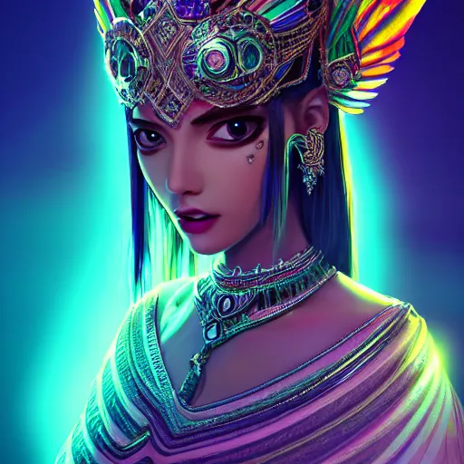 Image similar to portrait highly detailed beautiful symmetrical face high priestess intricate elegant detailed crystal jewellery with tribal feathers, lush colourful volumetric lighting, anime digital painting, concept art, smooth, sharp focus 3 d, divine realm of gods, realistic cinematic style, octane render, photographic, unreal engine 8 k