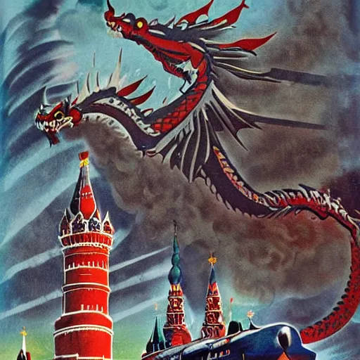 Prompt: Dragon invasion of Moscow, Russia cold war poster style
