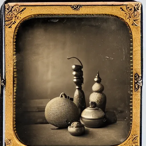 Image similar to Tintype photograph of exotic objects, magic objects, ethnographic museum, nature and culture, 1920s studio lighting.