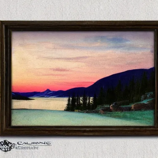 Image similar to beautiful vintage painting, whistler mountain sunset, boho, midcentury, modern, muted pastel colors, top lit, detailed, beautiful solid colors, edge to edge, full frame, intricate, elegant, highly detailed, smooth, sharp focus, high contrast, dramatic lighting, art by caravaggio