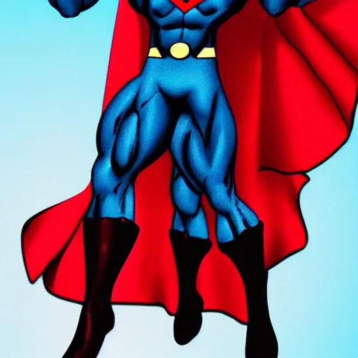 Image similar to photorealistic black superman flying. super detailed. super muscled. super cape