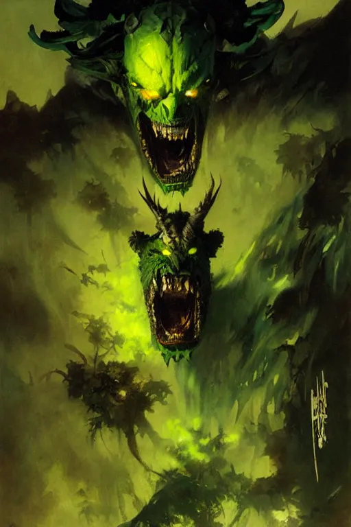 Image similar to green demon with black eyes and yellow teeth, painting by gaston bussiere, craig mullins, greg rutkowski, yoji shinkawa