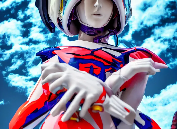 Image similar to extremely beautiful photo of a white marble statue of an anime girl with colorful motocross logos and motorcycle helmet with closed visor, colorful smoke in the background, carved marble statue, fine art, neon genesis evangelion, virgil abloh, offwhite, denoise, highly detailed, 8 k, hyperreal