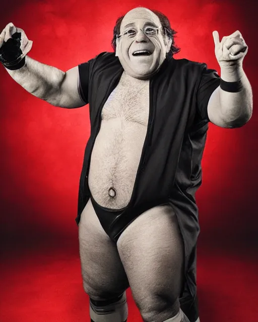 Image similar to portrait of danny devito as a professional wrestler. photographic, photography