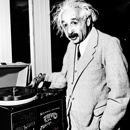 Image similar to photo of Albert Einstein DJing a record player, vintage, highly detailed facial features