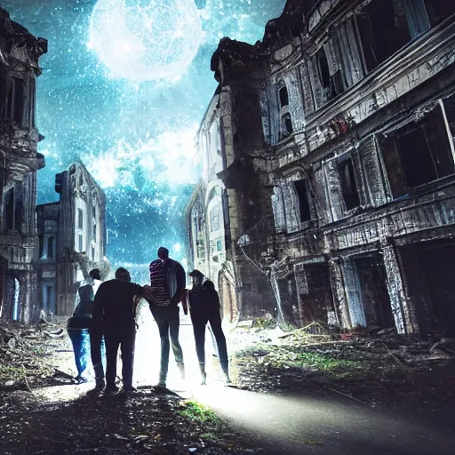 Image similar to A group of people exploring an abandoned city, they use flashlights, realistic, beautiful details, moonlight