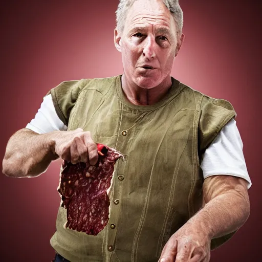 Prompt: Fantasy portrait of a big human fighter eating beef jerky who either looks really good for a 70 year old man or really bad for a 50 year old man