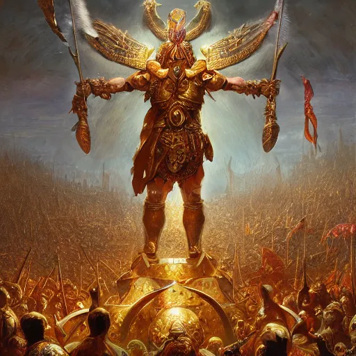 Prompt: artstation concept of a god in armor standing in a crowd gettig cheered, man with arms wide open, bright colorful, gold, hyperdetailed, artstation trending, world renowned artists, worth 1 0 0 0. com, historic artworks society, antique renewel, cgsociety, by greg rutkowski, by gustave dore, deviantart