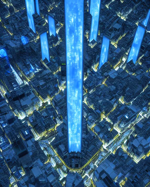 Image similar to gondor, aerial view by Leon Tukker, Makoto Kobayashi, synthetic light, blue trees, people on the streets, utopia, perfect, futuristic, 8k high detail, masterpiece, trending on ArtStation