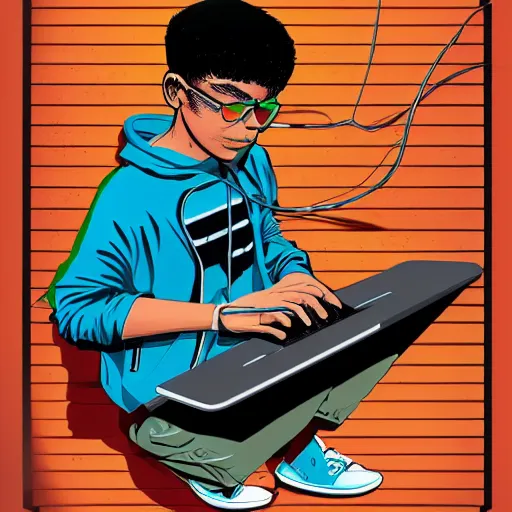 Image similar to illustration of a boy connected to his laptop with wires, highly detailed, by butcher billy