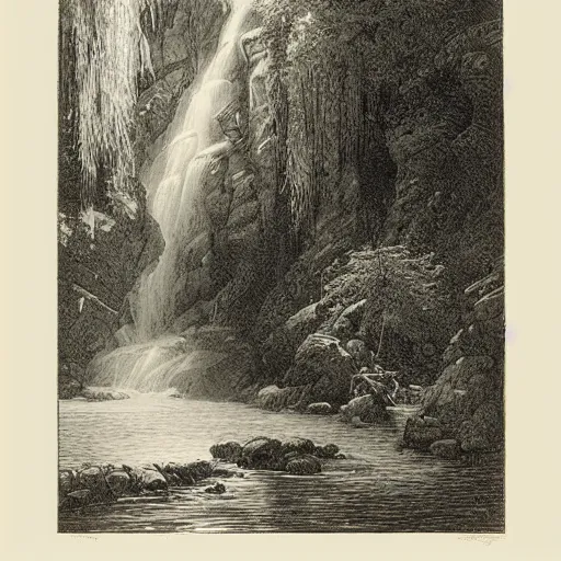 Image similar to waterfall scene, gustave dore lithography