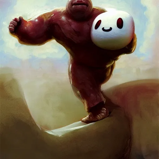 Image similar to kirby binding of isaac, holding meatloaf, hyper realistic, sloppy, gross, meatloaf, hyper realistic, terrifying, disturbing, strange, bizarre, masterpiece, 4 k, vivid colors, elegant, john park, frazetta, john howe, ruan jia, jeffrey catherine jones